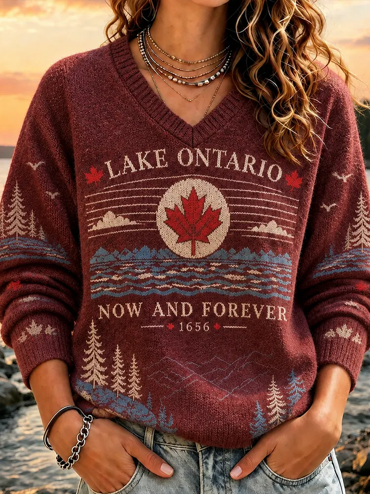 Comstylish Women's Lake Ontario Maple Leaf & Pine Tree Pattern Knit Sweate