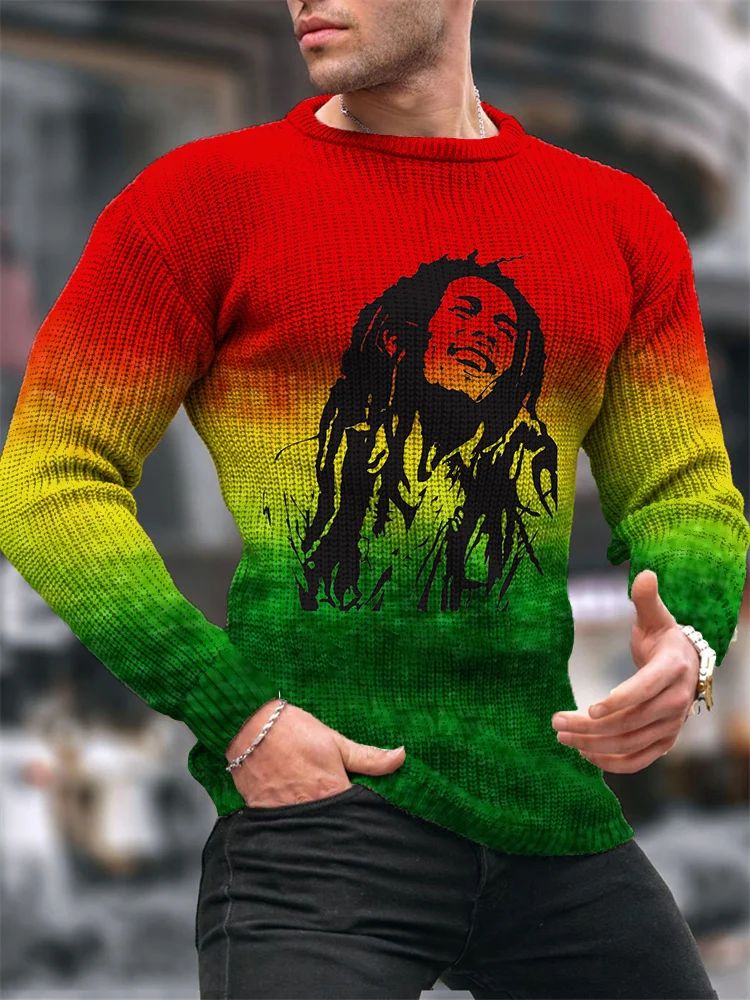 Reggae Colorblock Print Casual Retro Cozy Knit Sweater