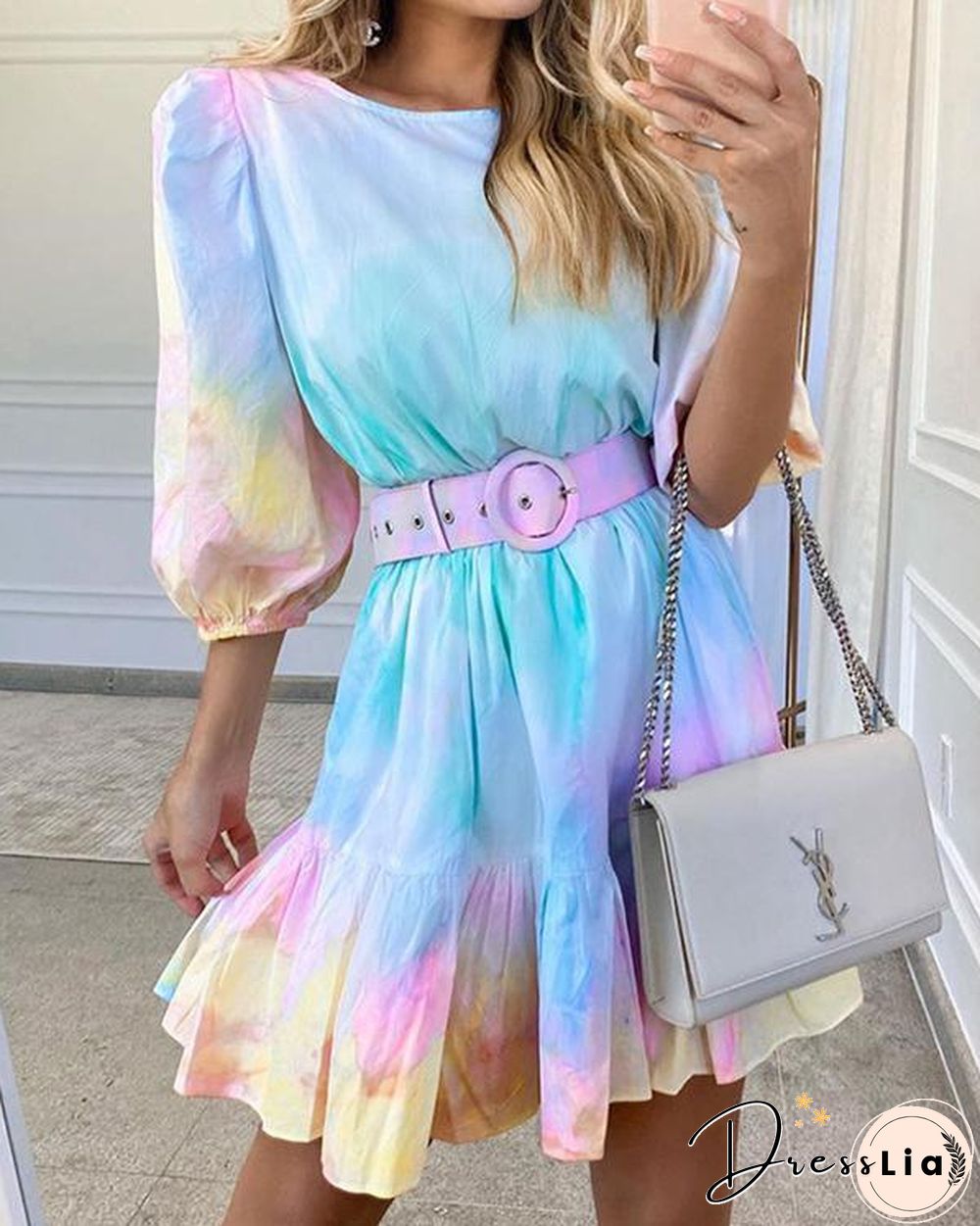 Tie Dye Print Puff Sleeve Round Neck Summer Dress