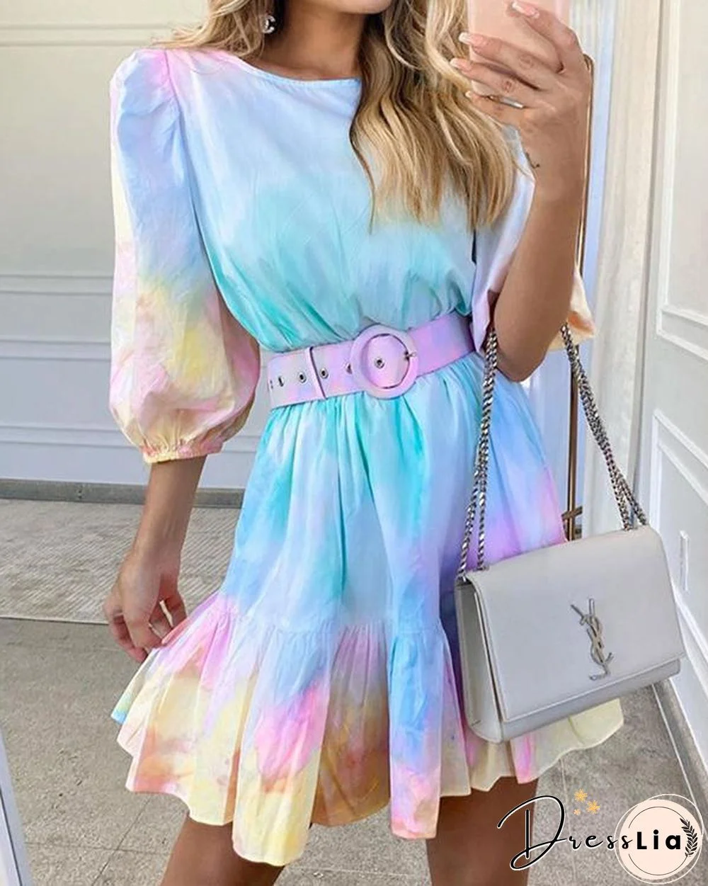 Tie Dye Print Puff Sleeve Round Neck Summer Dress