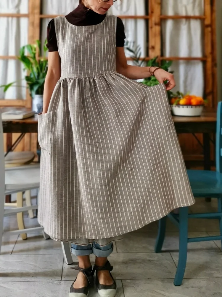 Brown Striped Cotton Women's Apron