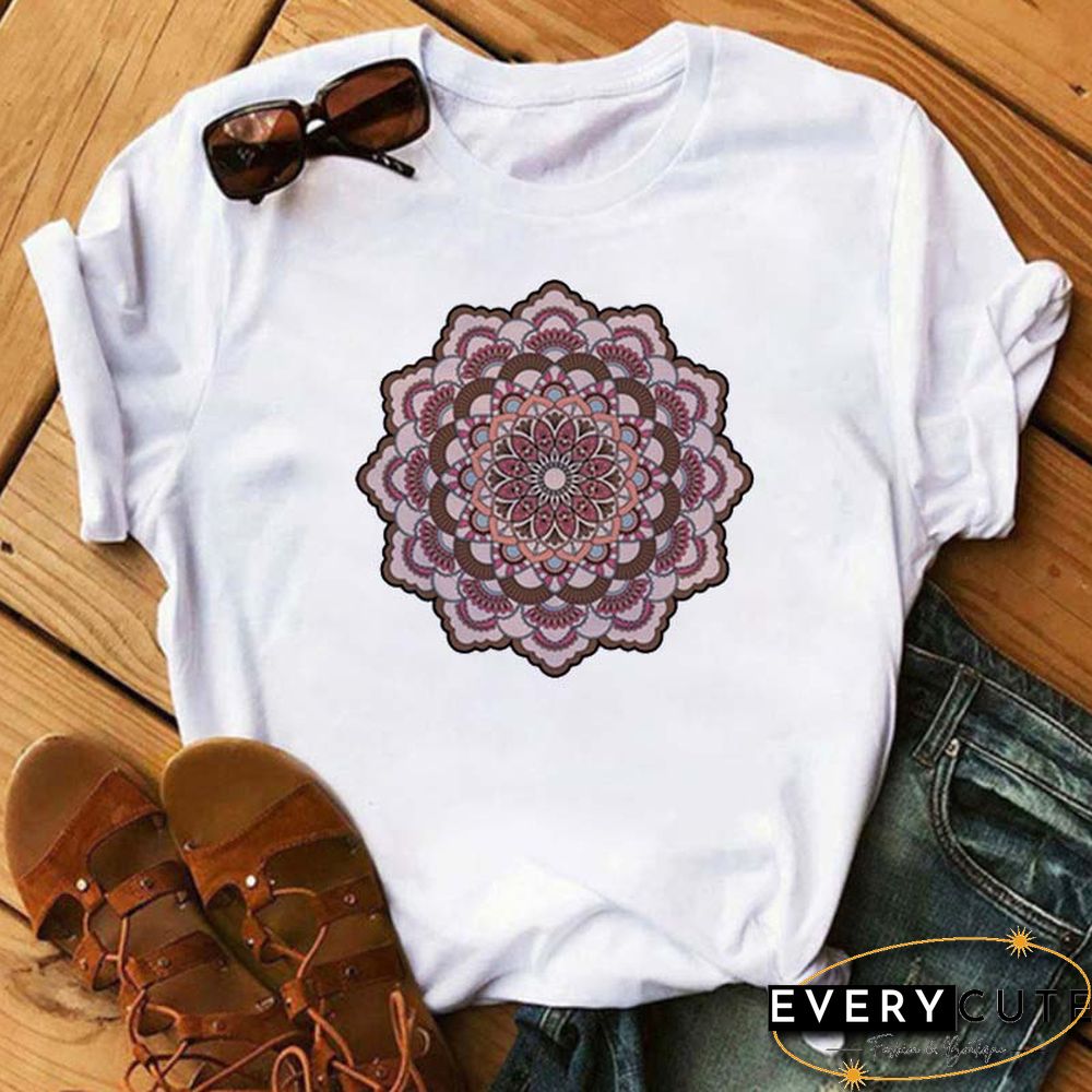 Maycaur New Mandala Floral Printed T Shirt Women Casual Fashion T-shirt Loose Short Sleeve 90s Girls Aesthetics Black Tshirt Top