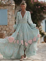 Women's Vintage Bohemian Floral Embroidered Casual Long Sleeve Dress