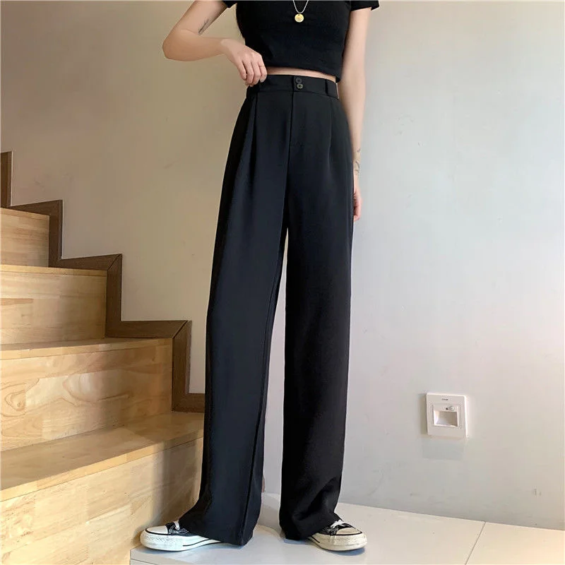 Casual Pants Women Plus Size 4XL Wide-leg Button Fly High Waist Elegant Office Ladies Full Length Leisure Loose Ulzzang Cool Ins