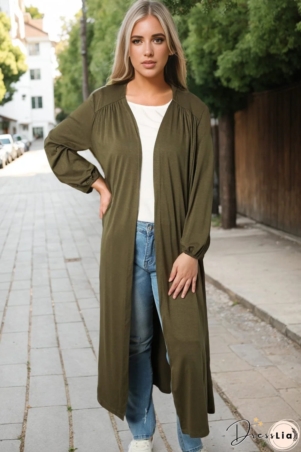 Green V-Neck Maxi Duster Cardigan with Captivating Patterns and Textures