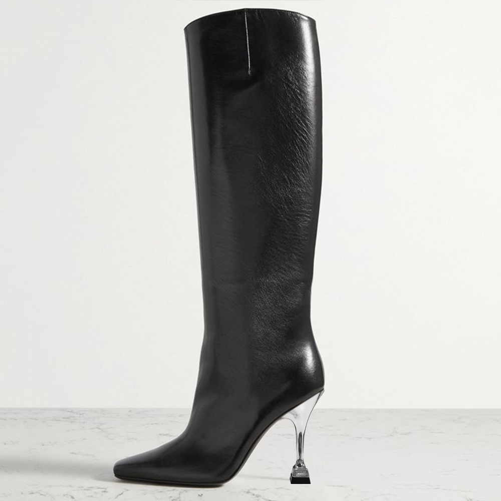 Black Closed Toe 4'' Decorative Heel Knee High Winter Boots Nicepairs