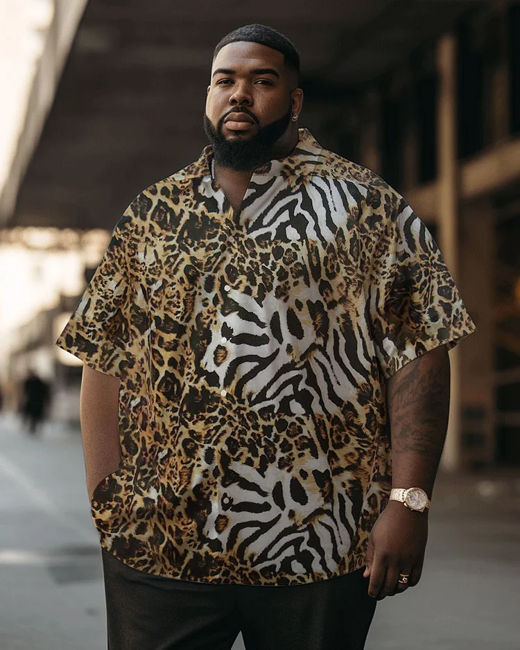 Men's Large Size Retro 90s Rock Gradient Tiger Print Element Short-Sleeved Shirt