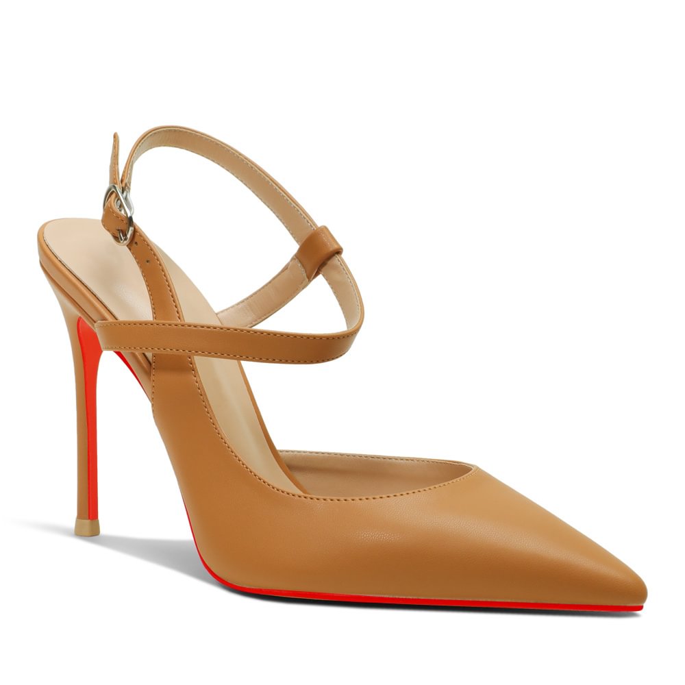 100mm Mid Heel Women Slingback Pumps Ankle Strap Jenlove Stiletto Close Pointed Toe Dress Red Bottoms Matte Glitter Shoes-MERUMOTE