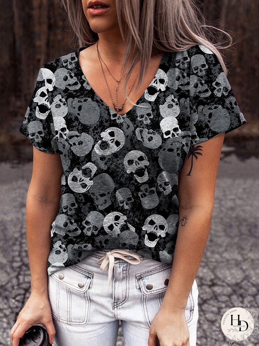 Halloween Skull Print V-neck T-shirt