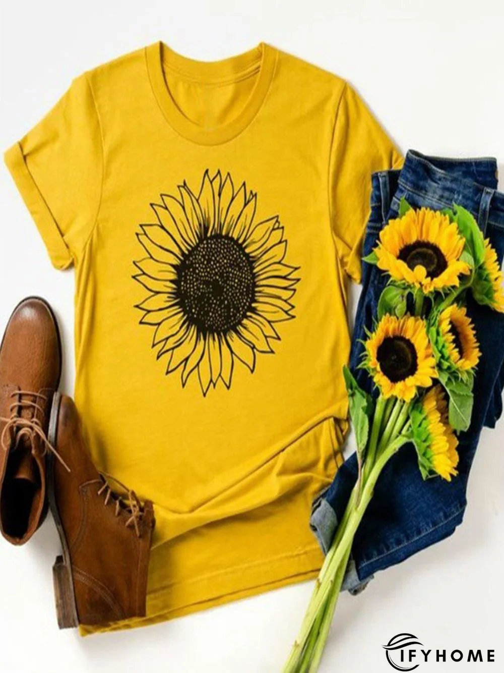 Vintage Short Sleeve Sunflower Printed Casual Top | IFYHOME