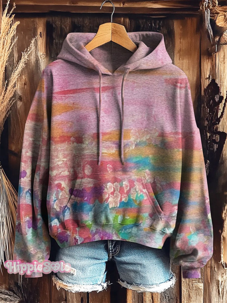 Women’s Abstract Watercolors Prints Casual Pocket Hooded Sweatshirt Multicolor / S