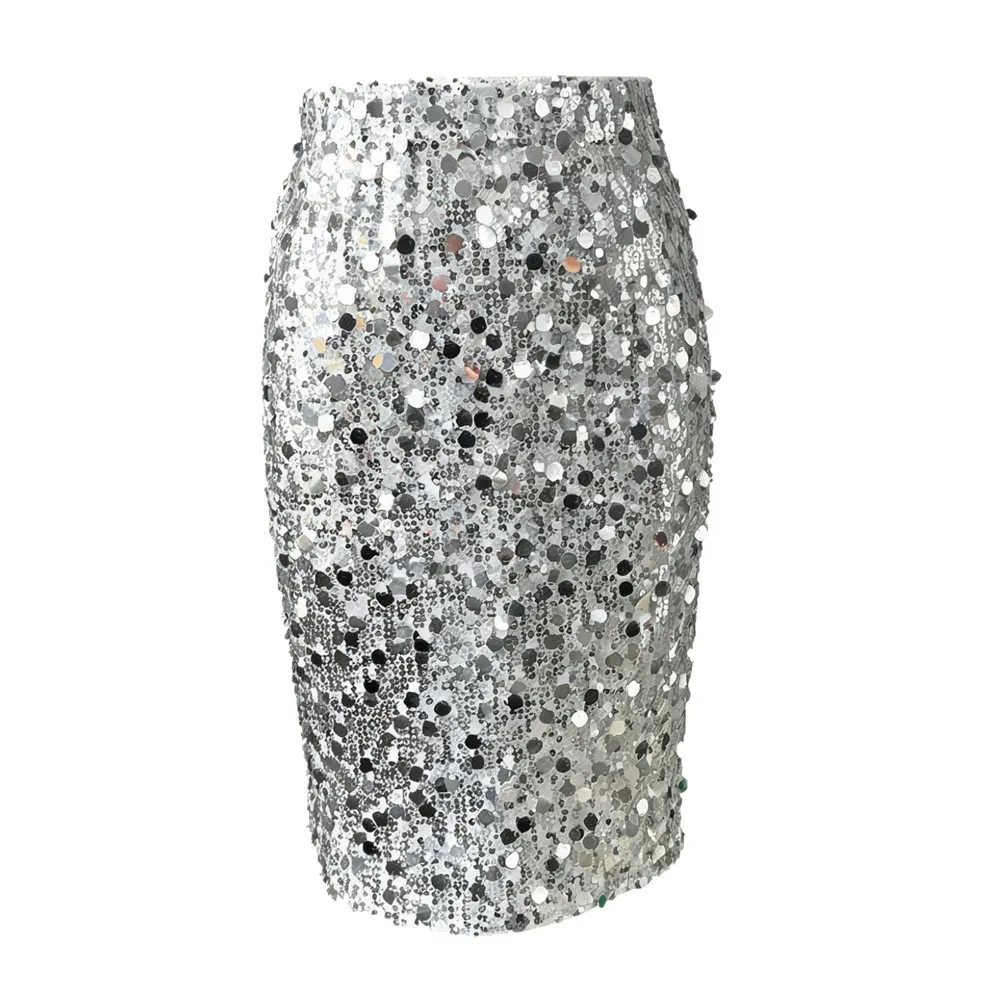 Silver Round Sequin Elastic Waist Midi Pencil Skirt