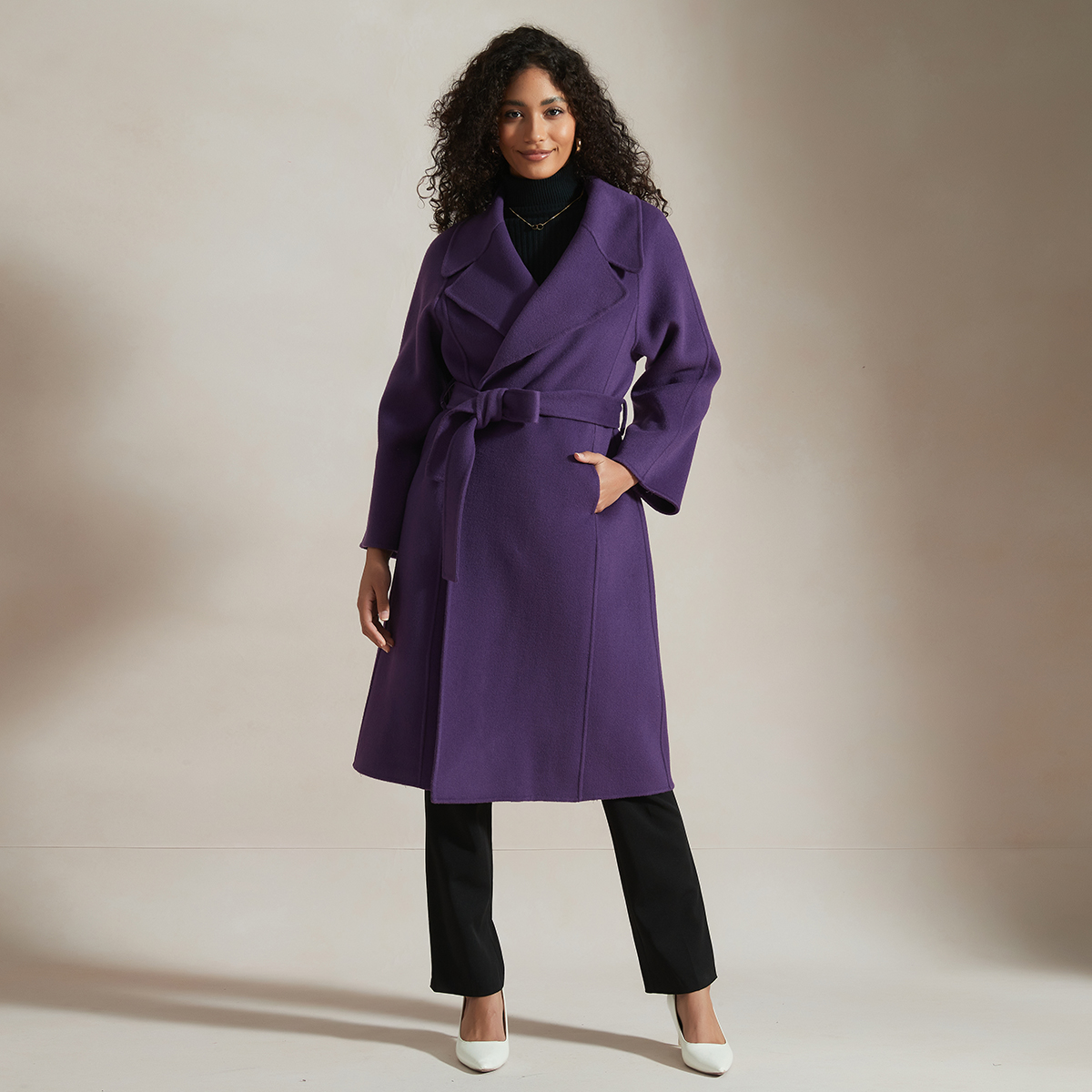 Royal Collection Women's Notched-collar Belted Wrap Wool Coat-Purple REAL SILK LIFE