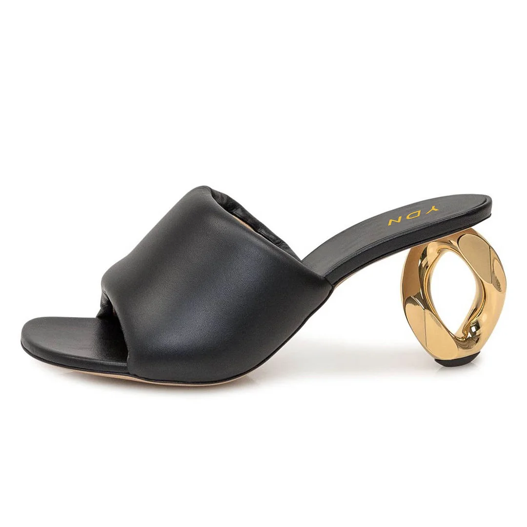 Vegan Leather Sculptural Heel Open Toe Mules Sandals in Black