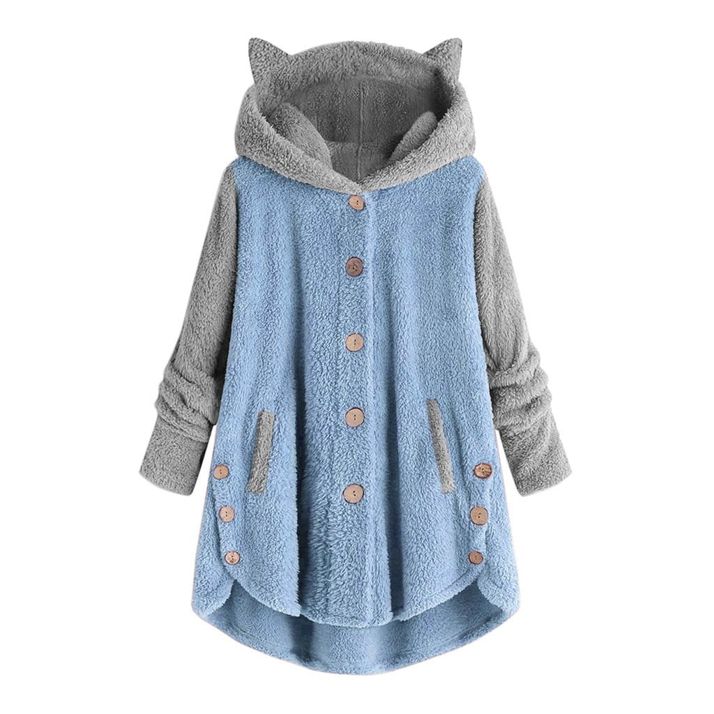 Oversize Hoodie Winter Warm Women Patchwork Hoodies Button Tops Cat Ears Hooded Pullover Sweatshirt Fleece Hoodie Streetwear