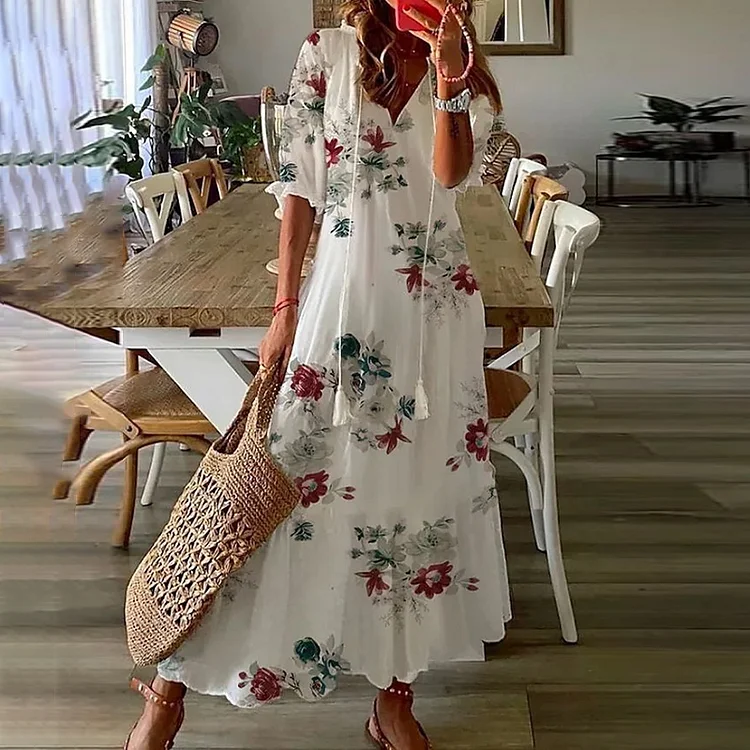 Comstylish Floral Print V-Neck Tassel Maxi Dress