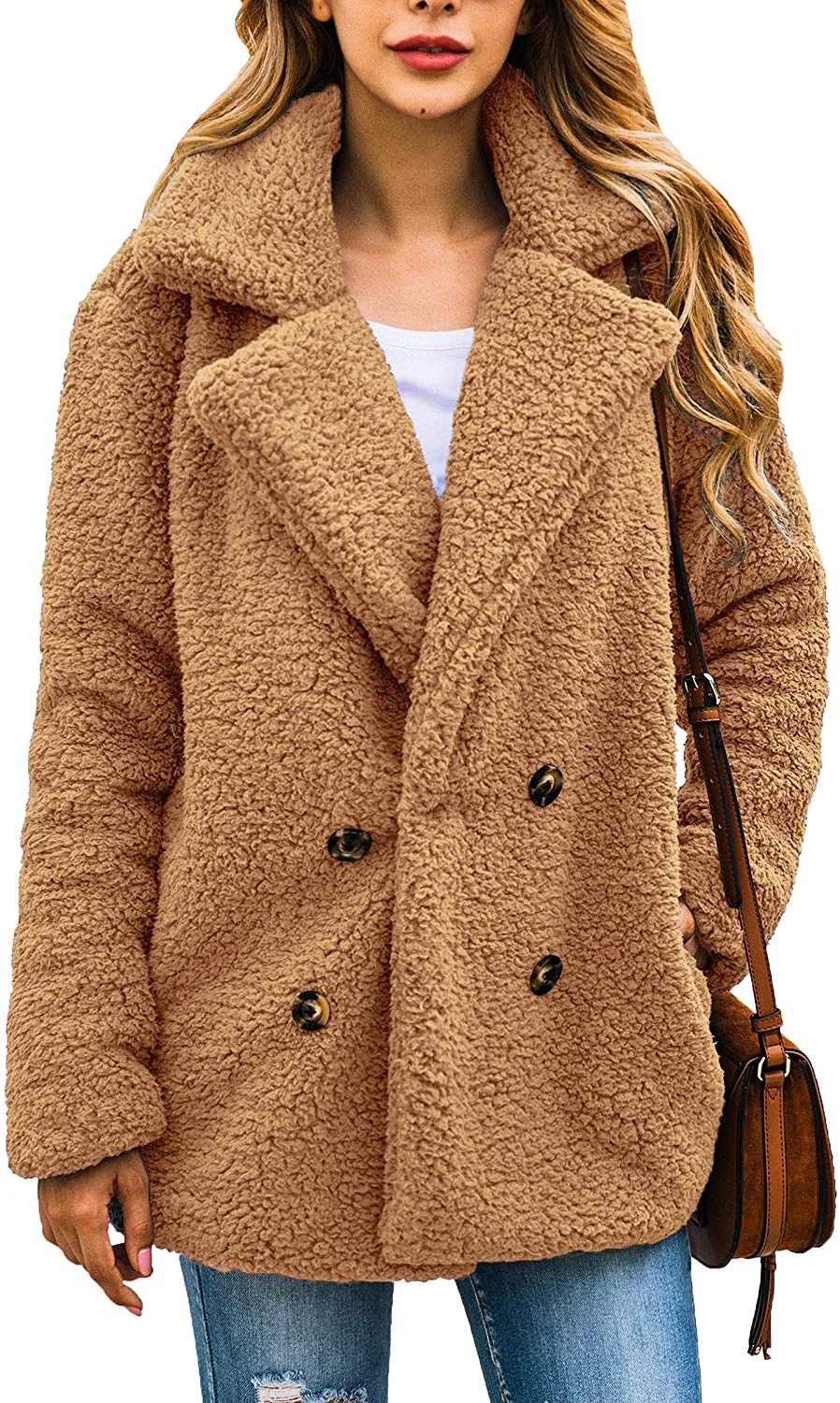 Women's Coat Casual Lapel Fleece Fuzzy Faux Shearling Zipper Warm Winter Oversized Outwear Jackets