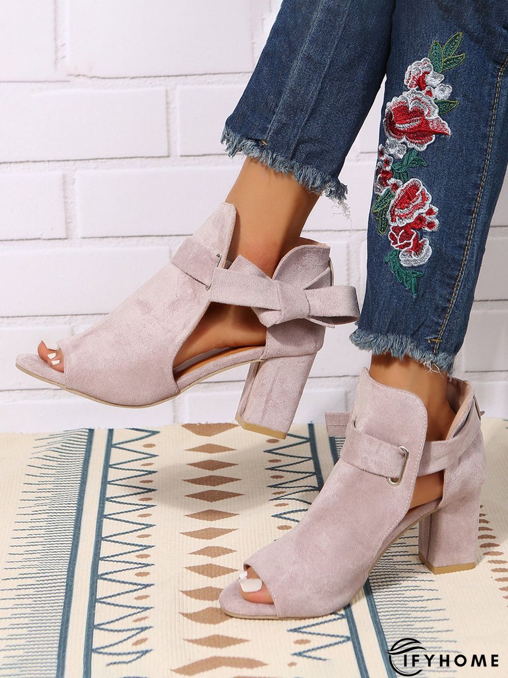 Women's Bow Decor Peep-Toe Chunky Heel Sandals Bootie | IFYHOME