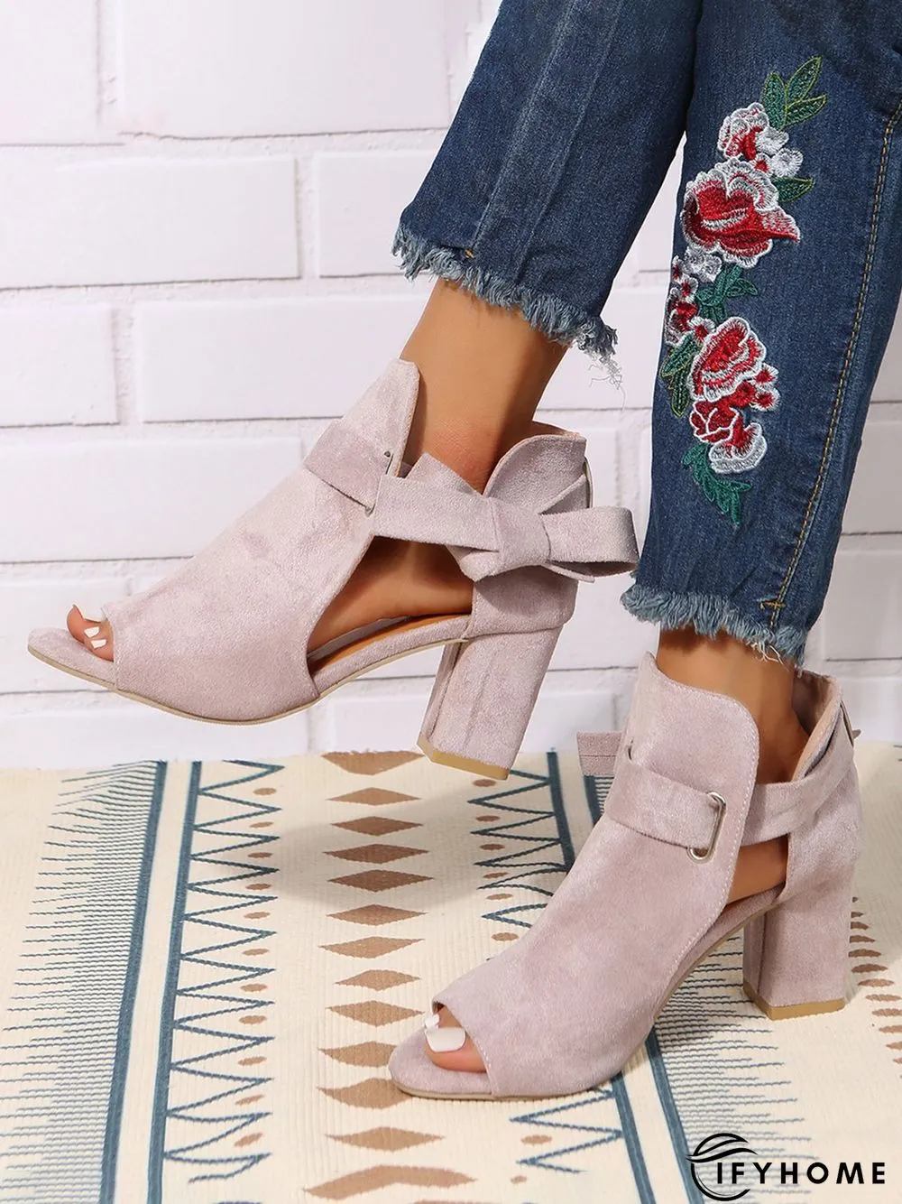 Women's Bow Decor Peep-Toe Chunky Heel Sandals Bootie | IFYHOME