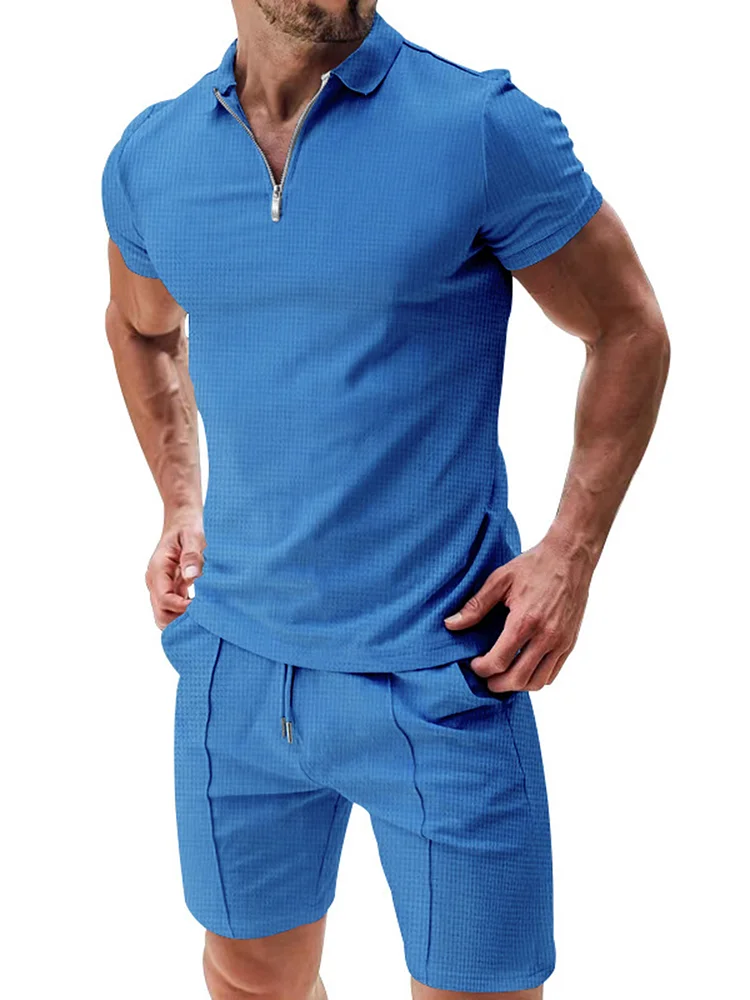 Men's solid color waffle zipper short sleeve shorts suit