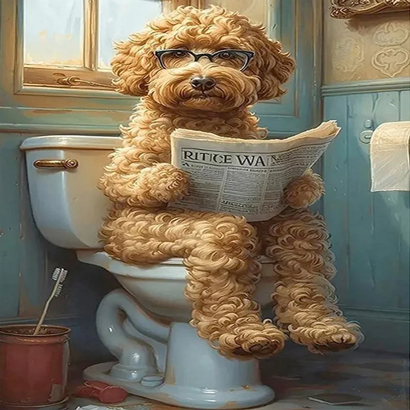 11CT Full Stamped Cross Stitch - Puppy Reading Newspaper In Toilet (40*50cm)