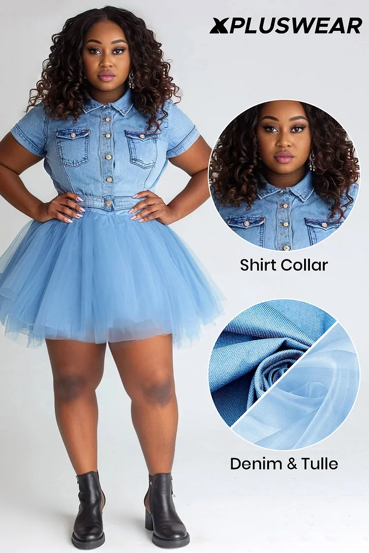 Xpluswear Design Plus Size Vacation Tulle Light Blue Casual Shirt Collar Short Sleeve Contrast Denim Mini Dresses [Pre-Order]