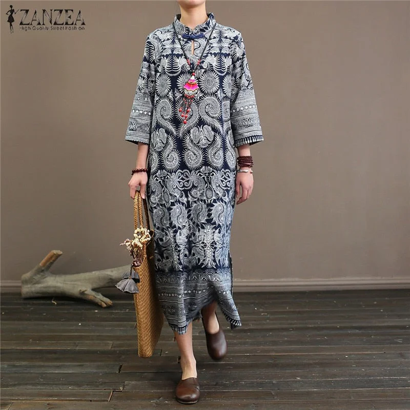 ZANZEA Women Vintage Floral Print Dress Autumn Stand Collar 3/4 Sleeve Sundress Chinese Cheongsam Robe Femme Linen Vestido Tunic