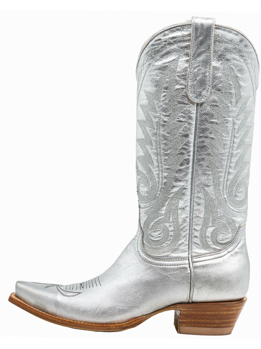 Metallic Silver Vegan Leather Snip Toe Embroidered Mid Calf Cowgirl Boots With Chunky Heels