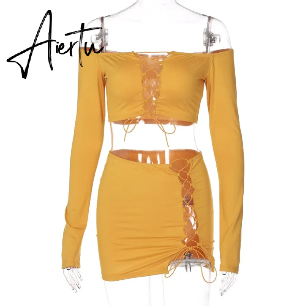 Aiertu    Solid Long Sleeve Drawstring Ruched Crop Top Sexy Mini Dress 2 Piece Set  Fall Fashion Bodycon Elegant Clothing Y2K Aiertu
