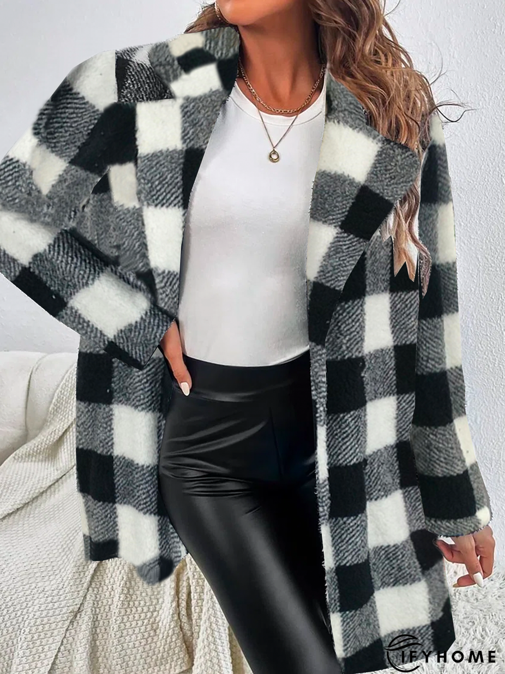 Lapel Collar Casual Plaid Teddy Jacket | IFYHOME