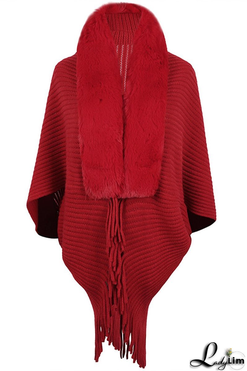 Fur Collar Fringed Knit Shawl Sweater