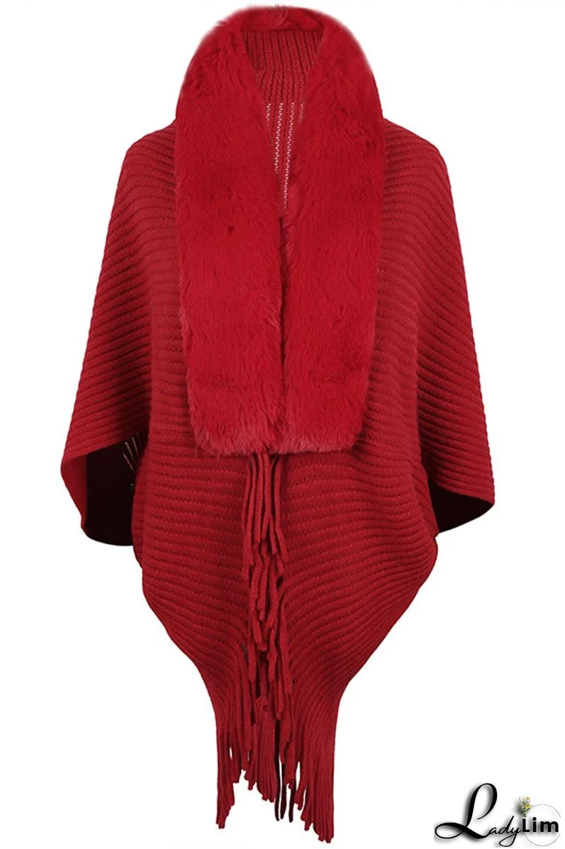 Fur Collar Fringed Knit Shawl Sweater