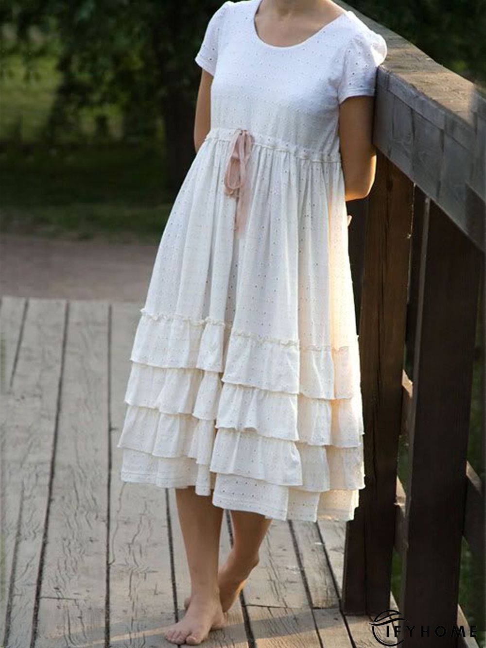 Beige Casual Crew Neck Cotton Weaving Dress | IFYHOME