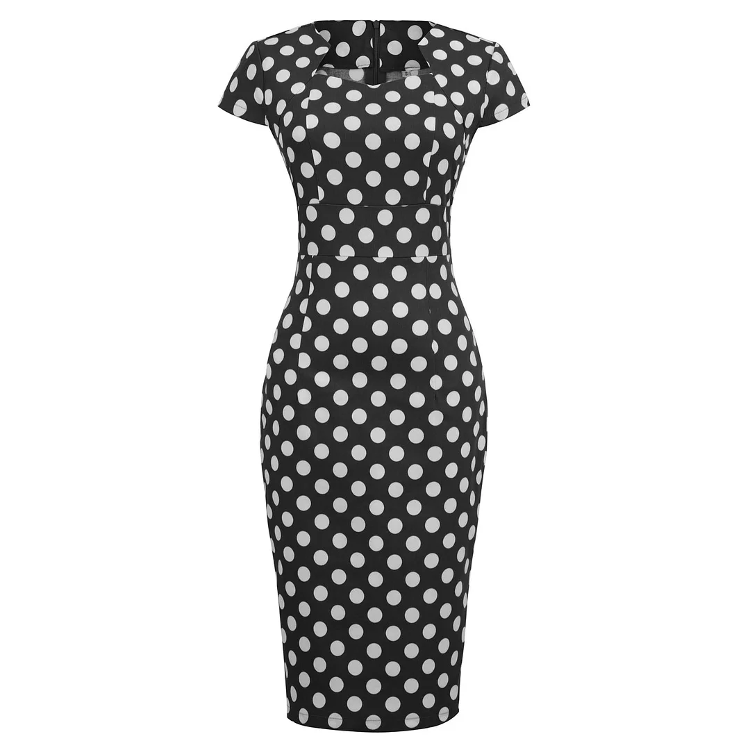 Women's Polka Dot Dress V-neck Short Sleeve Back Split Pencil Dress