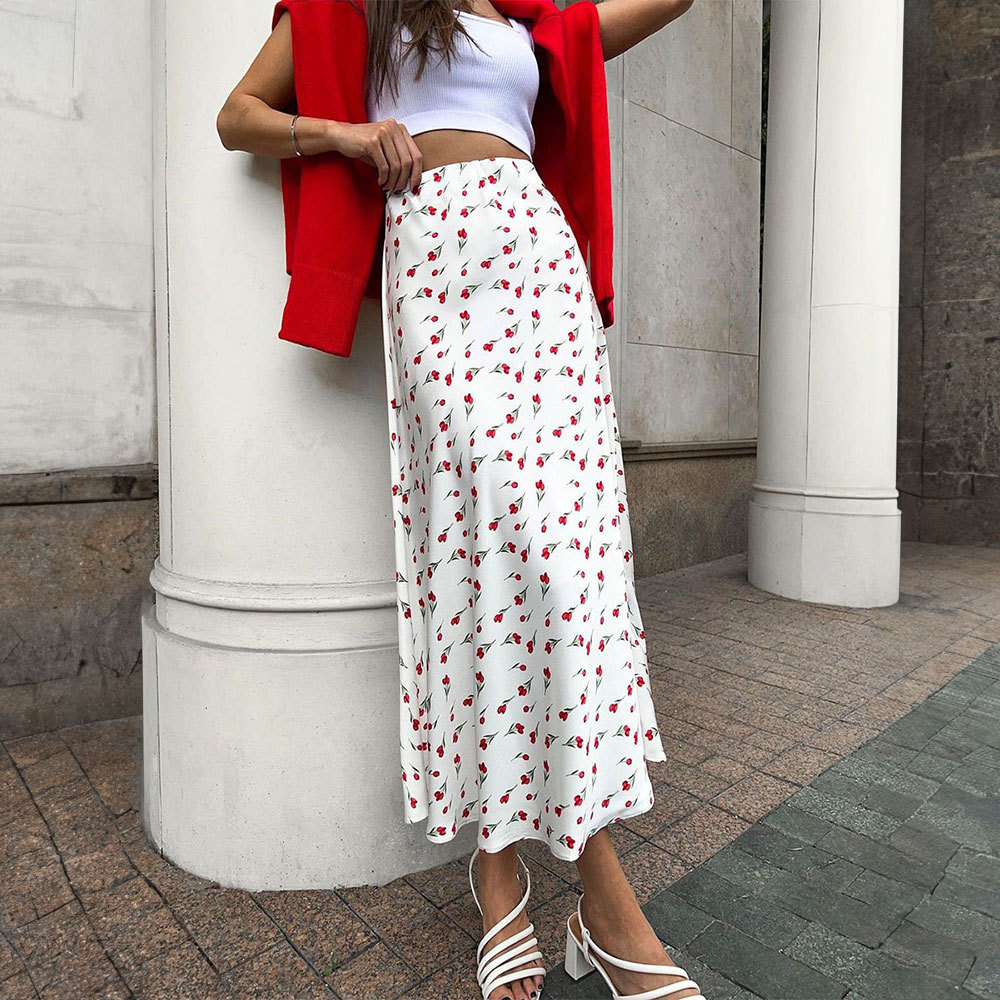 Ootddress Cherry Printed Skirt Women 2025 Spring High Waist A-shaped Fish Tail Skirts Elegant Fashion Patchwork Loose Long Skirt New
