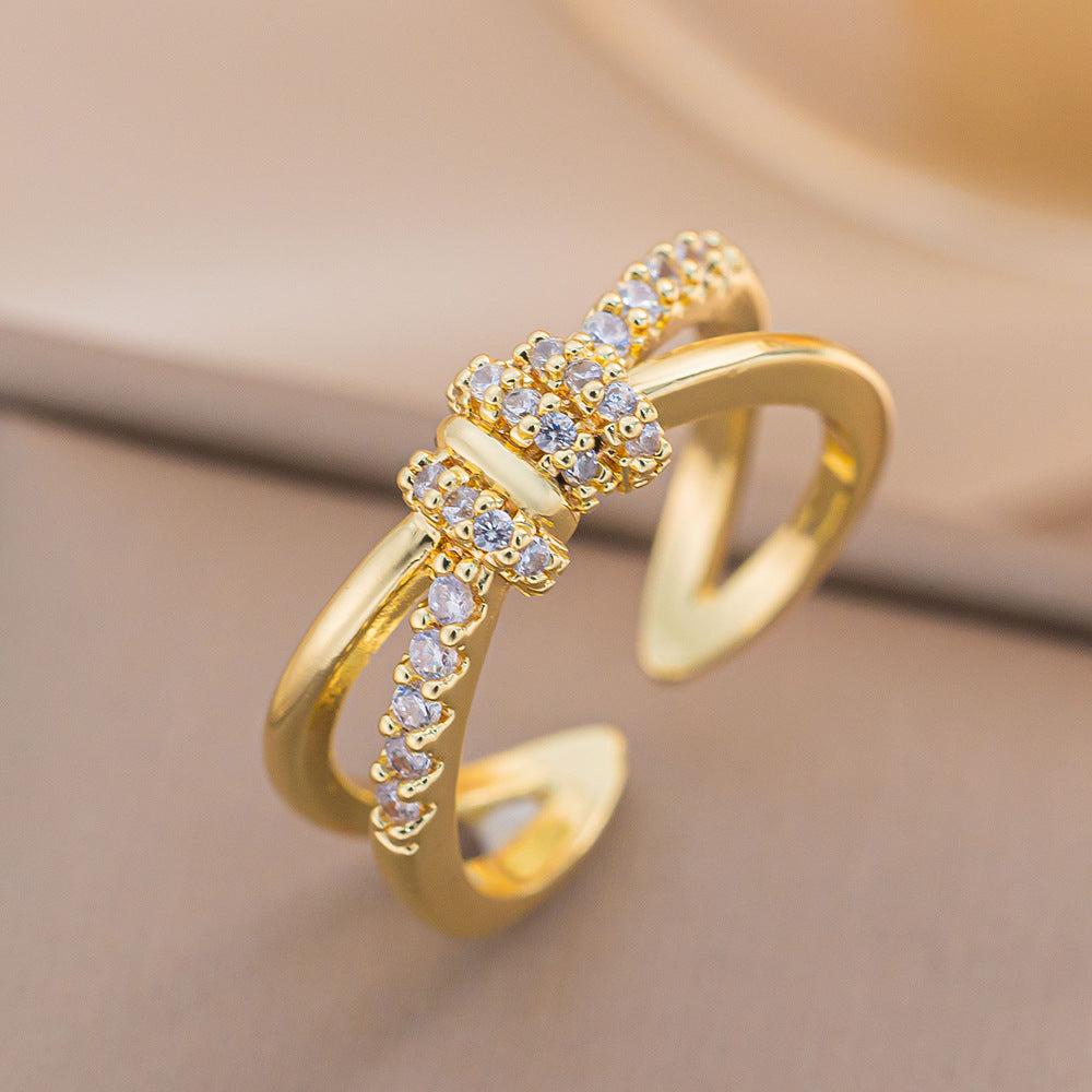 Simple Double-Layer Cross Ring Female Plain Ring Zircon Index Finger Ring Ins Fashion Style All-Match Open Ring