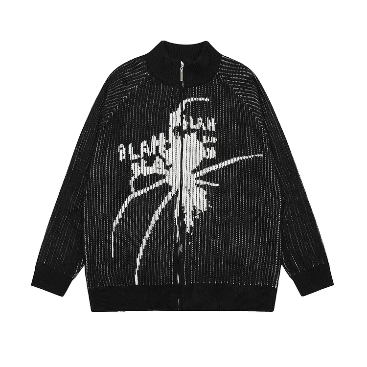 High Street Spider Letter Jacquard Sweater Loose Hip Hop Zipper Sweater at Hiphopee