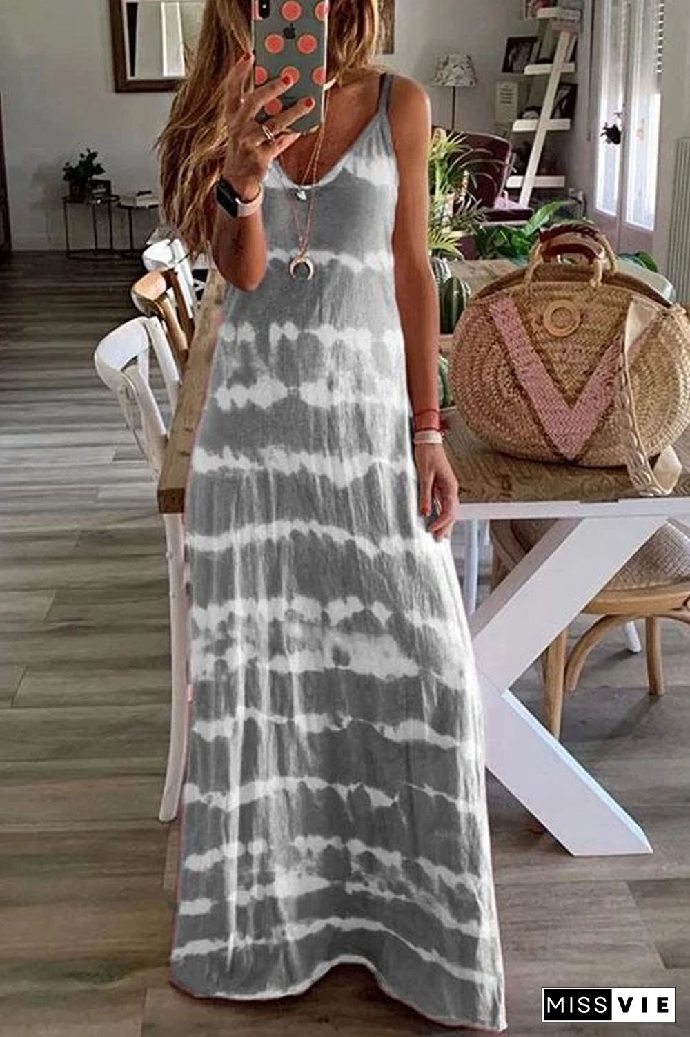 KarliDress V Neck Spaghetti Strap Tie Dye Casual Maxi Dress P12873