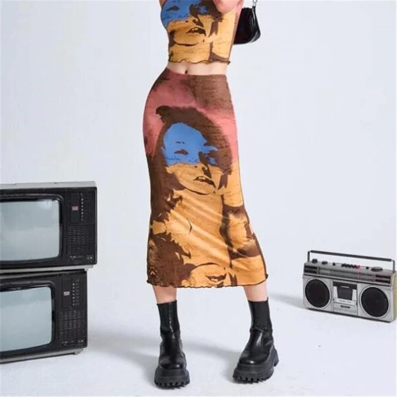 Y2k Women Portrait Print Bodycon Midi Skirt Elegant Office Lady High Waist Ruffles Trim Pencil Skirts Goth Streetwear