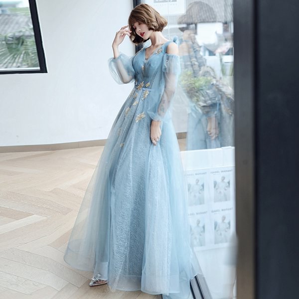 Lady Shiny Mesh Dress Puff Sleeve V Neck Evening Party Prom Ball Gown Princess Fairy Elegant - Shop Trendy Women's Fashion | TeeYours