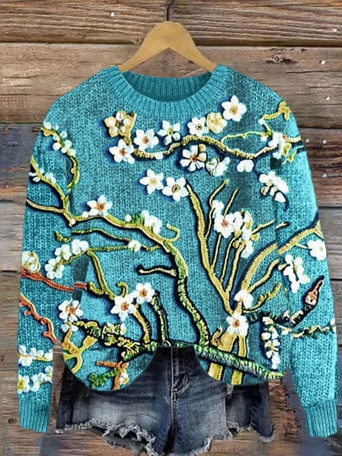 Women's Oil Painting Almond Flower Print Casual Sweatshirt