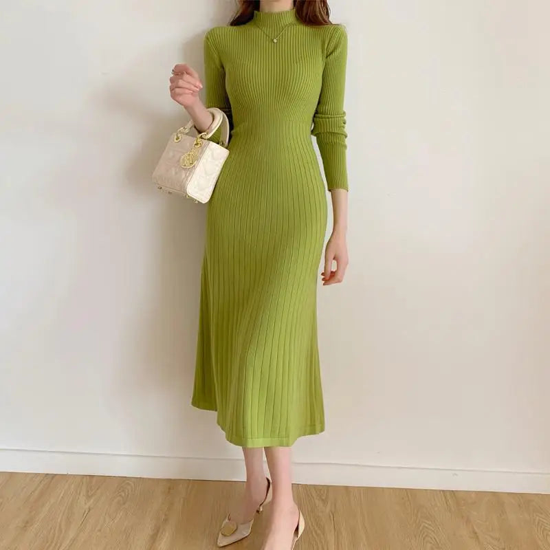 Aiertu Autumn Winter Long Sleeve Party Dress Women Button Knitted Mid-calf  Half High Collar Elegant Knitted Sweater Dresses Ladies Aiertu