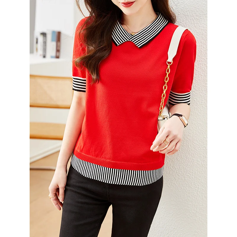 Toloer Toloer Photo Doll Collar Jacket Female Summer Ice Silk Short-Sleeve T-Shirt False Two Striped Knit Half Sleeve Small Shirt-Outfit Ideas