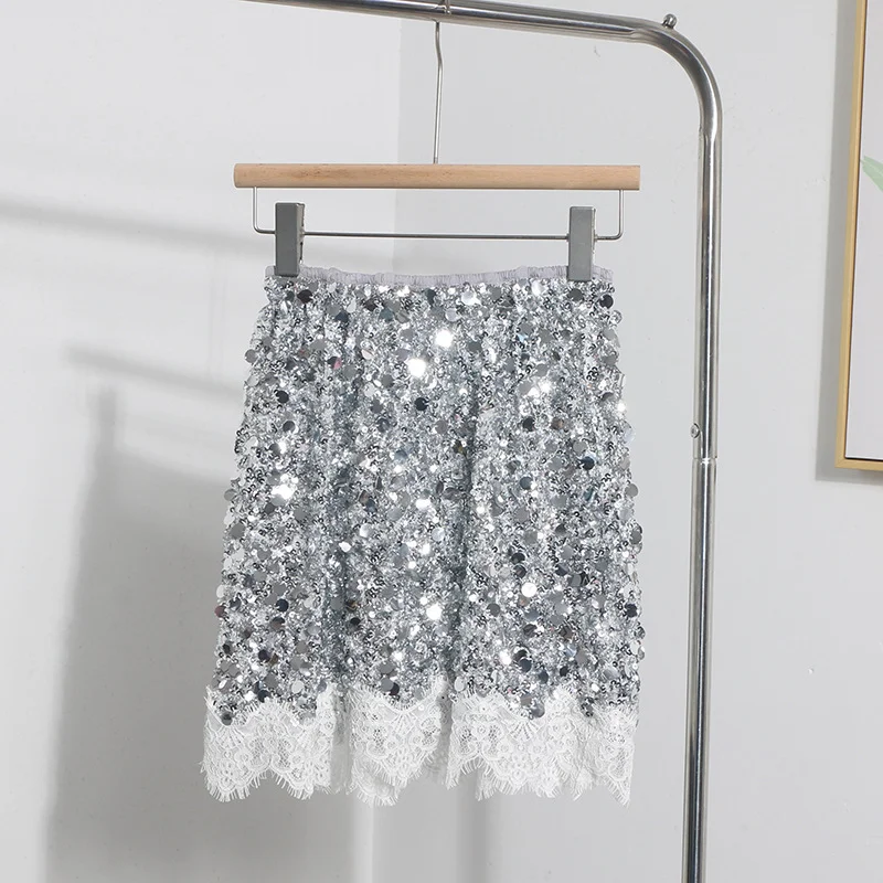 Uveng Real Shoot Spice Girl Squin A-Word Skirt Girl Summer Tight High Waist Anti-Walking Light Lace Side Hip Skirt 5551