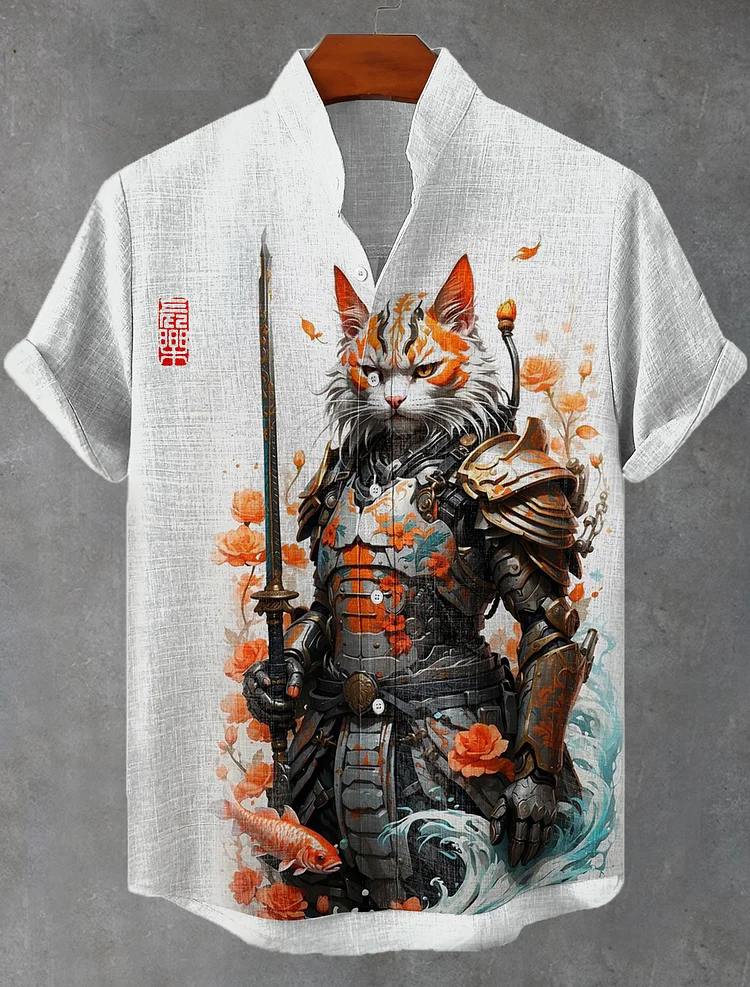 Men's Japan Lucky Koi Cat Warrior Ink Painting Linen Blend Shirt