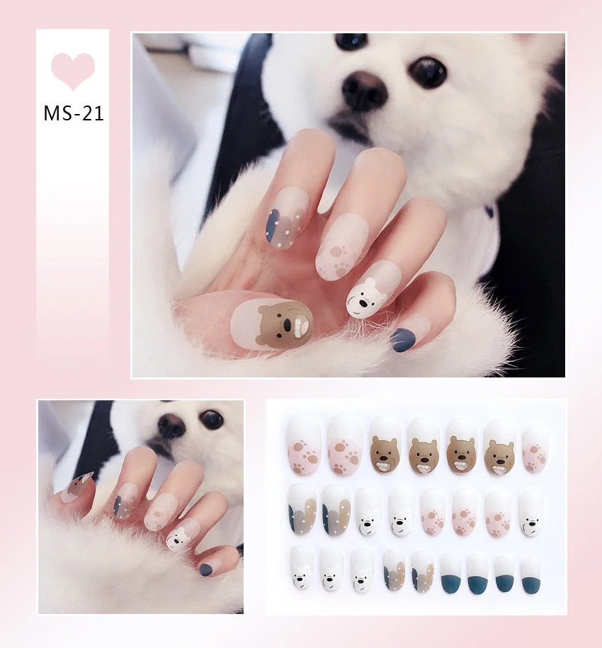 24pcs Matte False Nail Press On Nail With Glue Round Graffiti Fake Nail Manicure Nail Art Decoration  Nail Art Tools-Nail Inspo