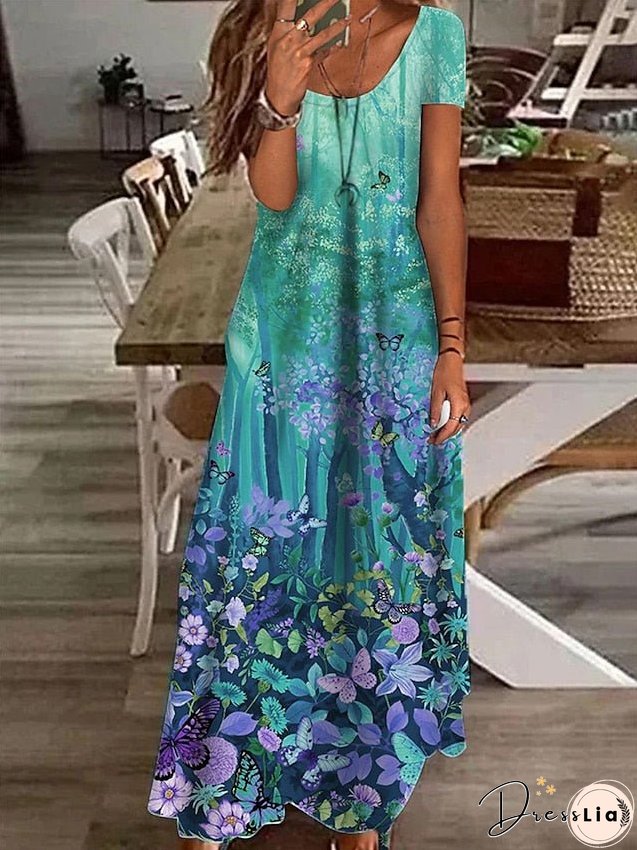 Womens Dress Casual Shift Long Maxi White Blue Green Short Sleeve Floral Print Spring