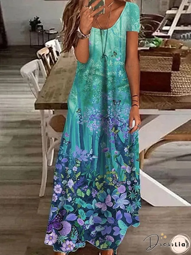 Womens Dress Casual Shift Long Maxi White Blue Green Short Sleeve Floral Print Spring