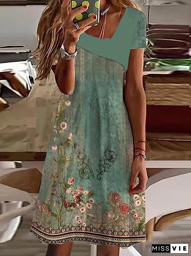 Women's Summer Dress Print Dress Floral Print V Neck Midi Dress Active Streetwear Outdoor Home Short Sleeve Loose Fit White Blue Green Summer Spring S M L XL XXL