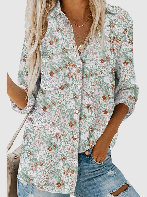 Pockets Flower Print Buttoned Loose Long Sleeves Lapel Blouses&Shirts Tops